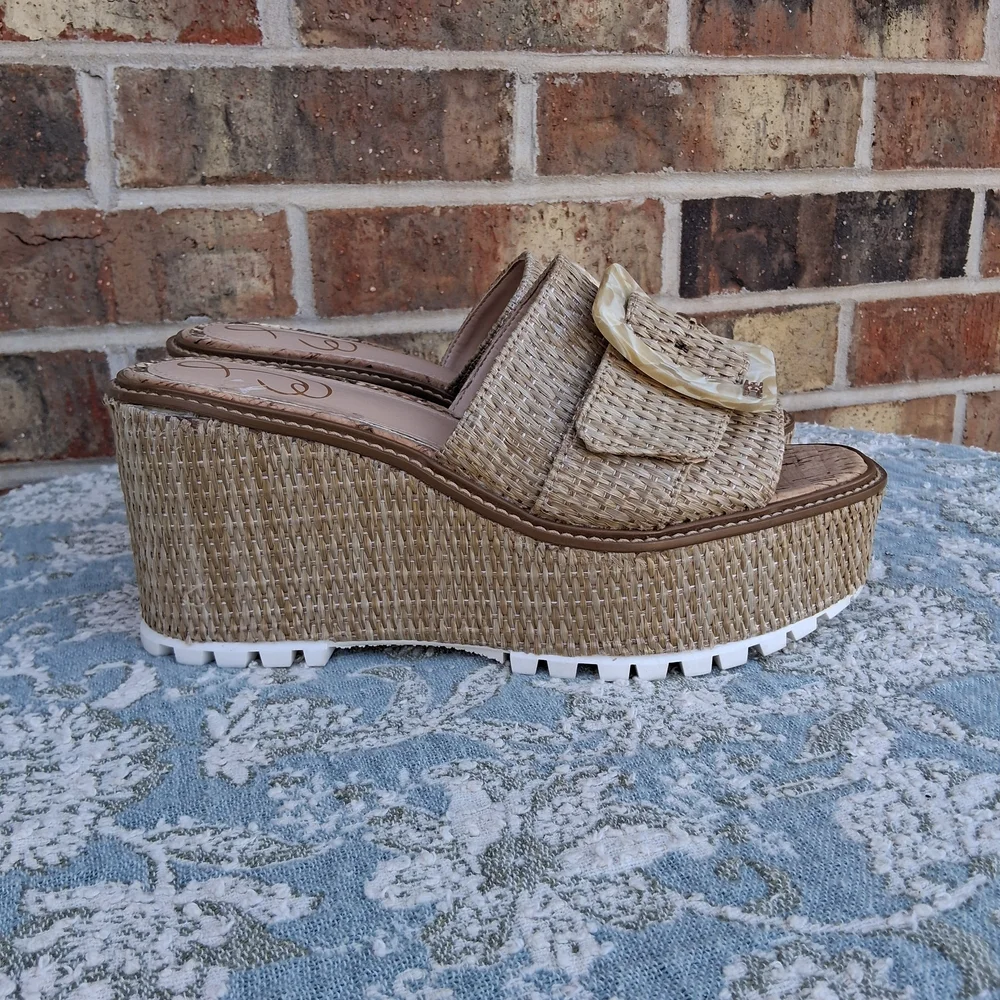 Sam Edelman Raffia Platform Slides 9 Woven Buckle Chunky Sandals Boho Festival - Picture 8 of 17